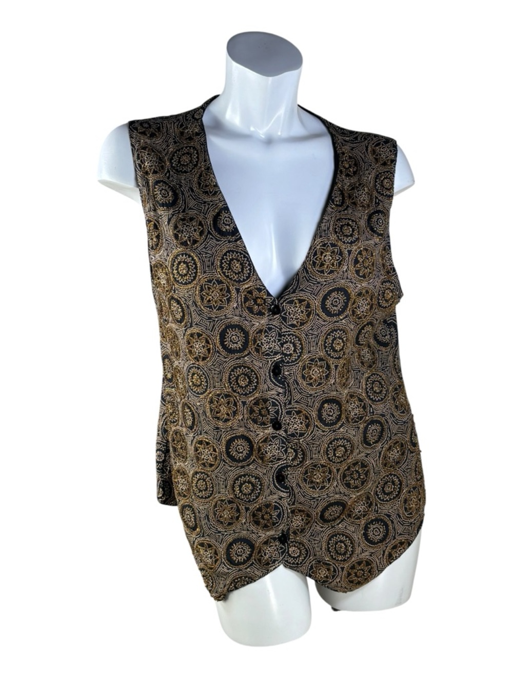HG NY Vintage Women's Black and Tan with Gold Beads Patterned Vest Size Large